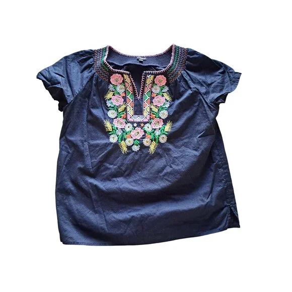 Talbots Petites Navy Heavily Embroidered Floral Blouse M/P Cotton Short Sleeve - Picture 2 of 10